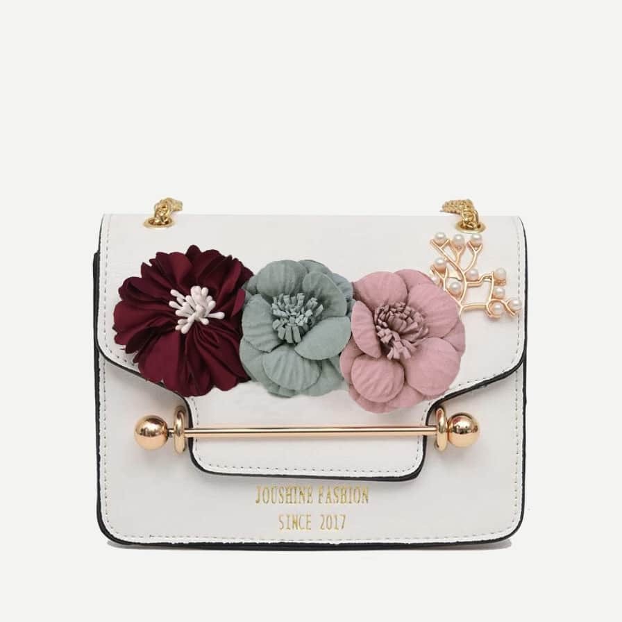 

3D Flower Faux Pearl Detail Chain Bag, White