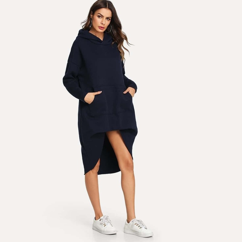 

Drop Shoulder Dip Hem Long Hoodie, Navy