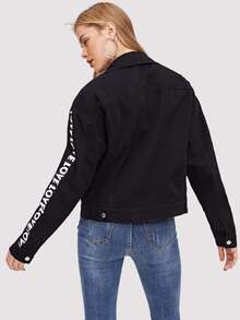 Letter Print Sleeve Drop Shoulder Denim Jacket - Black - View 2