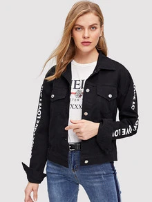 Letter Print Sleeve Drop Shoulder Denim Jacket - Black - View 3