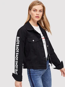 Letter Print Sleeve Drop Shoulder Denim Jacket - Black - View 4
