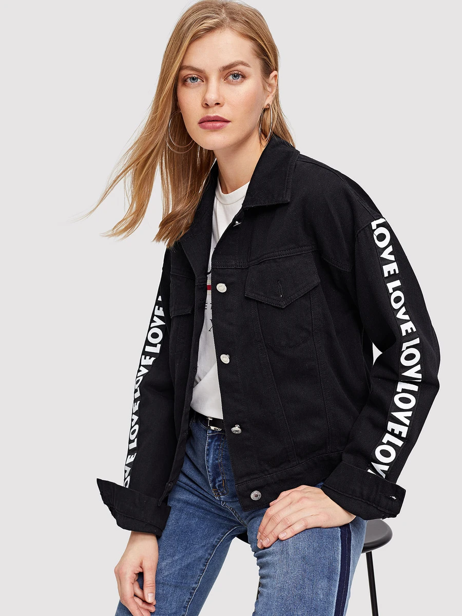 Letter Print Sleeve Drop Shoulder Denim Jacket - Black - View 1
