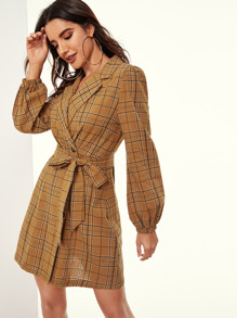 Lantern Sleeve Plaid Blazer Dress With Belt