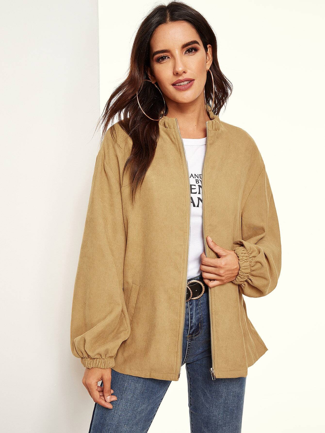 lantern sleeve zipper up cord jacket