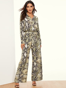 Snake Skin Print Wide Leg Shirt Jumpsuit