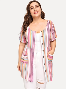 Plus Vertical-stripe Single-breasted Blouse