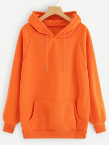 Neon Orange Raglan Sleeve Kangaroo Pocket Hoodie - Orange - View 1
