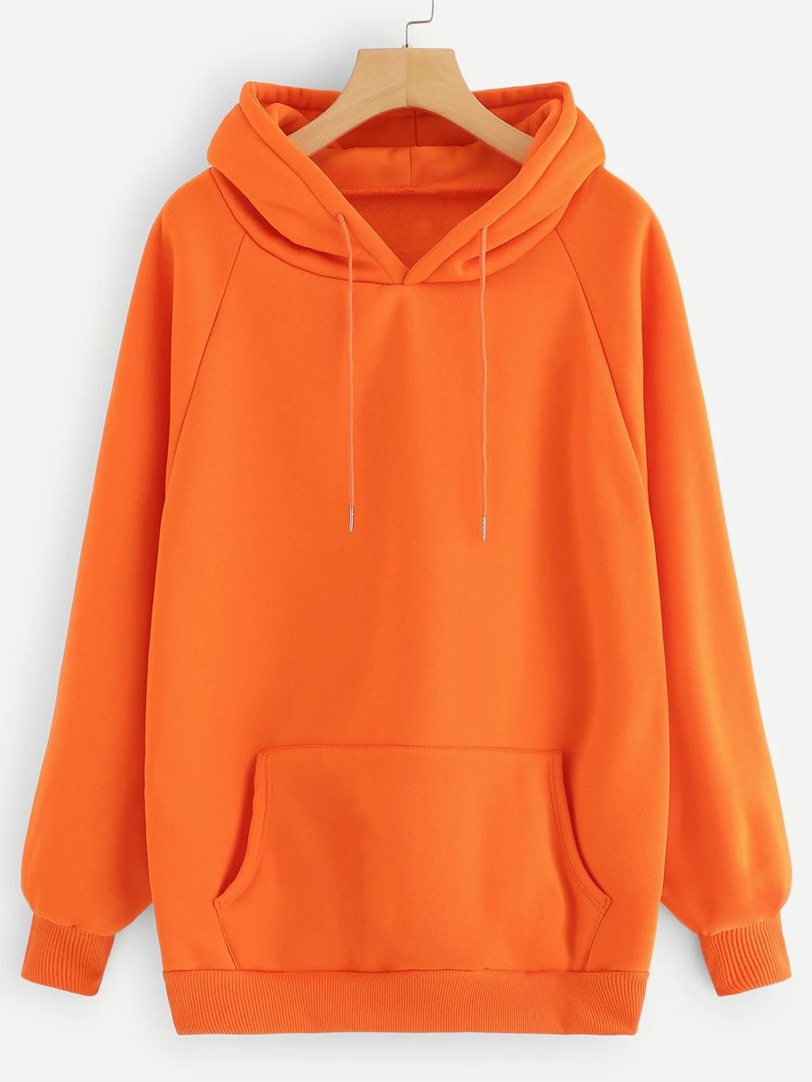 Neon Orange Raglan Sleeve Kangaroo Pocket Hoodie - Orange - View 1