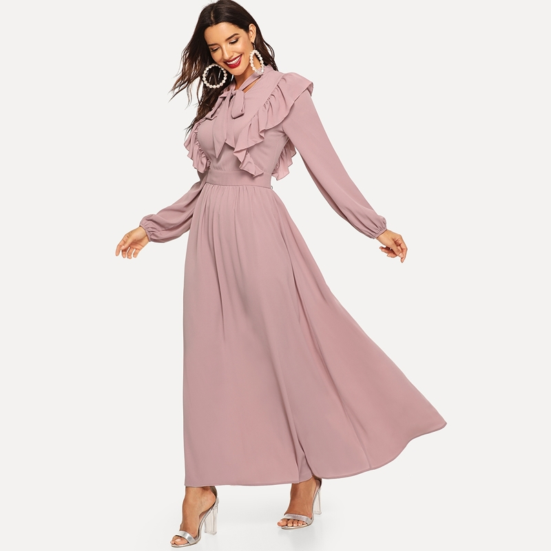 

Tie Neck Fit and Flare Ruffle Dress, Dusty pink