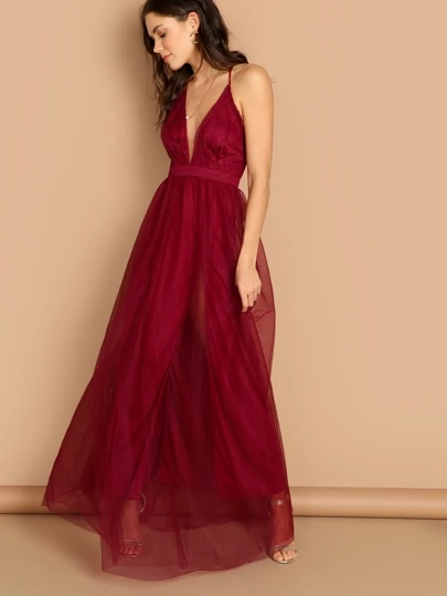 SHEIN Belle Váy lưới cổ khoét sâu