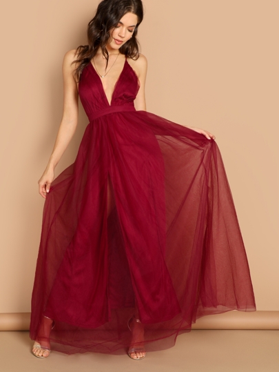 SHEIN Belle Vestido con escote pronunciado y superposición de malla