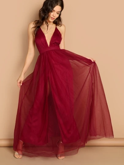 SHEIN Belle Plunge Neck Mesh-Overlay Maxi Dress