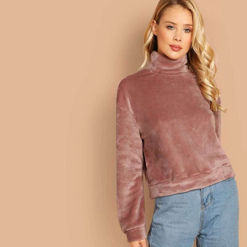 

High Neck Exposed Zip Back Teddy Pullover, Pink