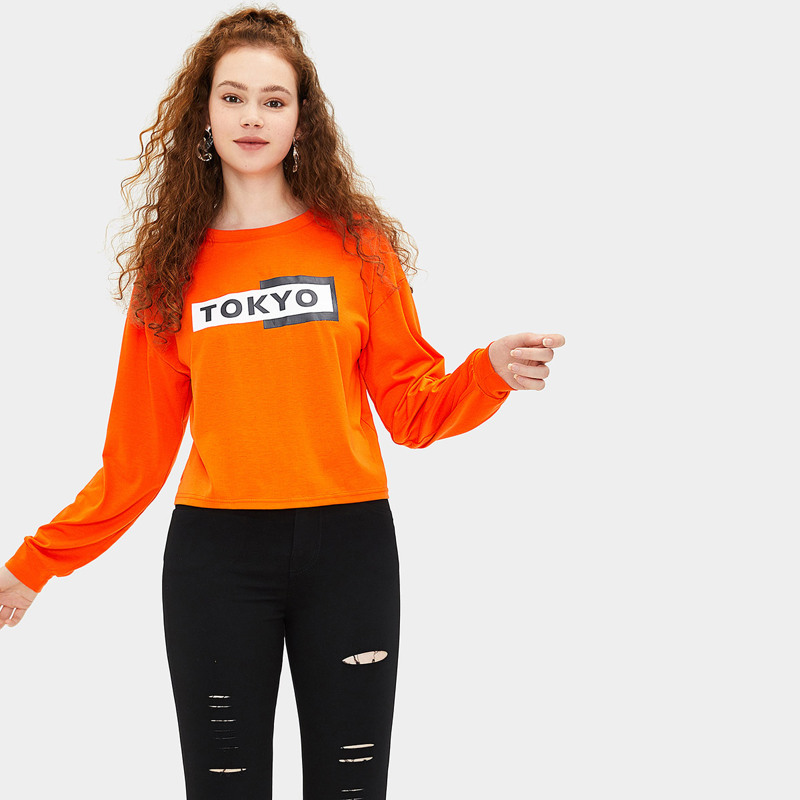 

Letter Print Drop Shoulder Sweatshirt, Orange