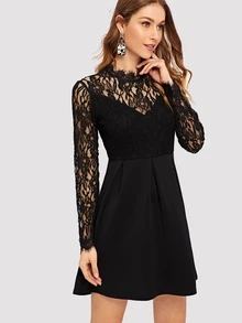 Eyelash Lace Top Flare Dress - Black - View 4