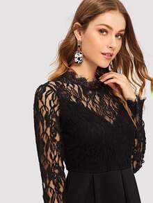Eyelash Lace Top Flare Dress - Black - View 5