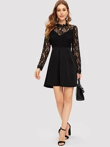 Eyelash Lace Top Flare Dress - Black - View 6