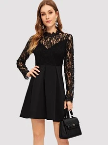 Eyelash Lace Top Flare Dress - Black - View 2