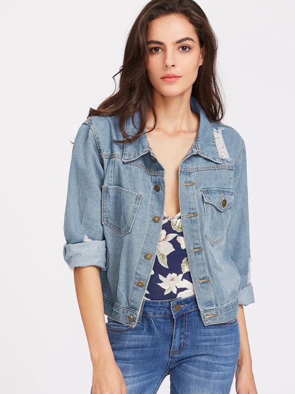 bleach wash ripped denim jacket