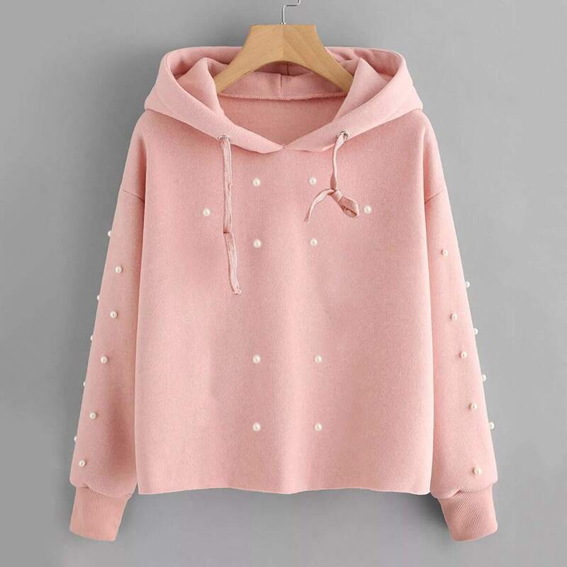

Pearl Beaded Drawstring Hoodie, Pink