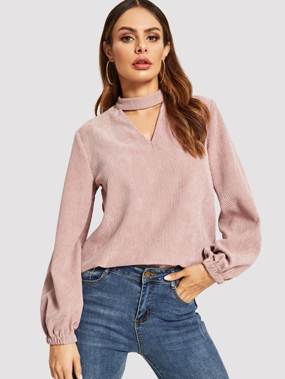 V Cut Choker Neck Solid Cord Blouse pictures