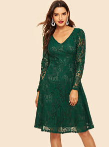 Zip Back Double V Neck Lace Dress