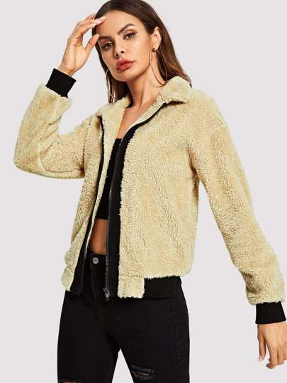 Contrast Trim and Zip Placket Teddy Jacket pictures
