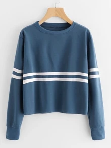 Contrast Striped Sweatshirt - Dusty Blue - View 1