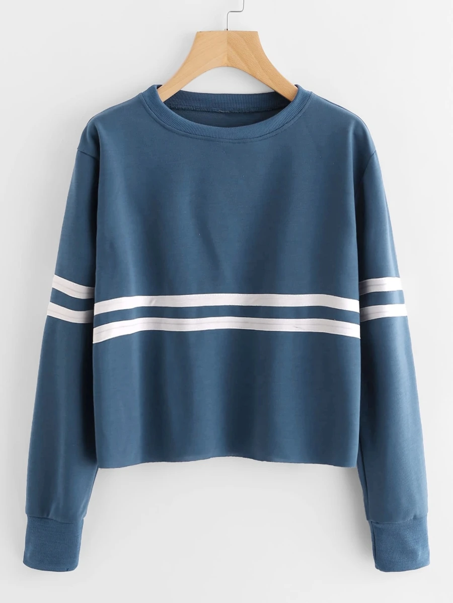 Contrast Striped Sweatshirt - Dusty Blue - View 1