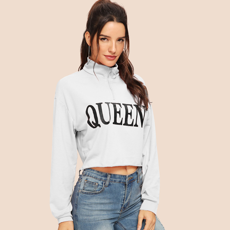 

Half Placket Letter Print Crop Pullover, White