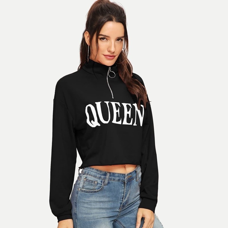 

Half Placket Letter Print Crop Pullover, Black