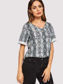 V-neck Cuffed Sleeve Snakeskin Top