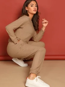 SHEIN Sweat-shirt unicolore & Pantalon avec poches