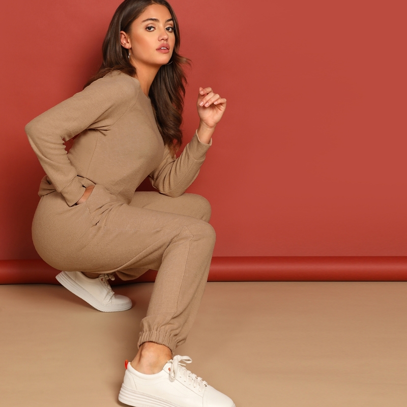 

Solid Pullover and Slant Pocket Pants Set, Camel