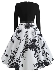 50s Ribbon Tie Floral Print Skater Dress - Black and White - View 2