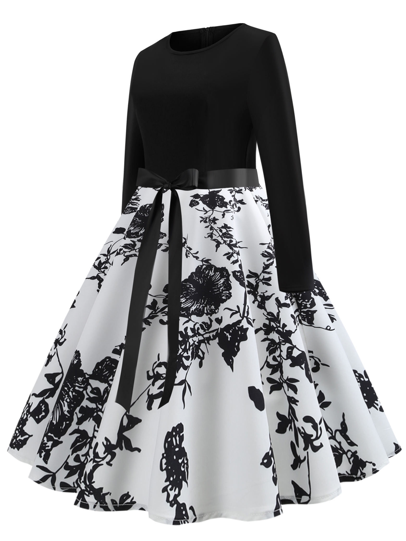 50s ribbon tie floral print flared dress Clearance