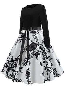 50s Ribbon Tie Floral Print Skater Dress - Black and White - View 3