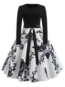 50s Ribbon Tie Floral Print Skater Dress - Black and White - View 1