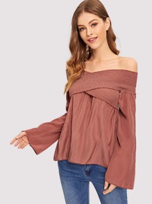 Off Shoulder Lettuce Trim Blouse
