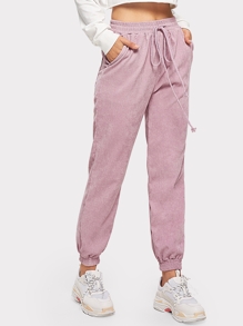 Solid Drawstring Waist Corduroy Pants