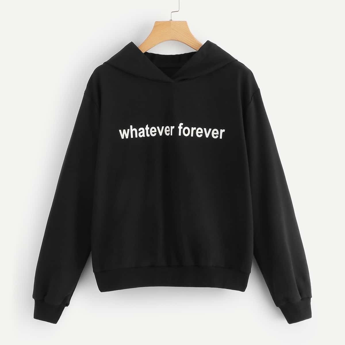 

Letter Print Drop Shoulder Hoodie, Black