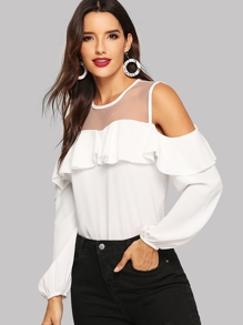 Cold Shoulder Contrast Mesh Bishop Sleeve Ruffle Blouse