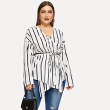 Plus Size V-neck Belted Striped Blouse - $15.00