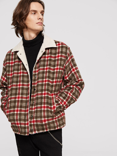Men Faux Shearing Plaid Jacket