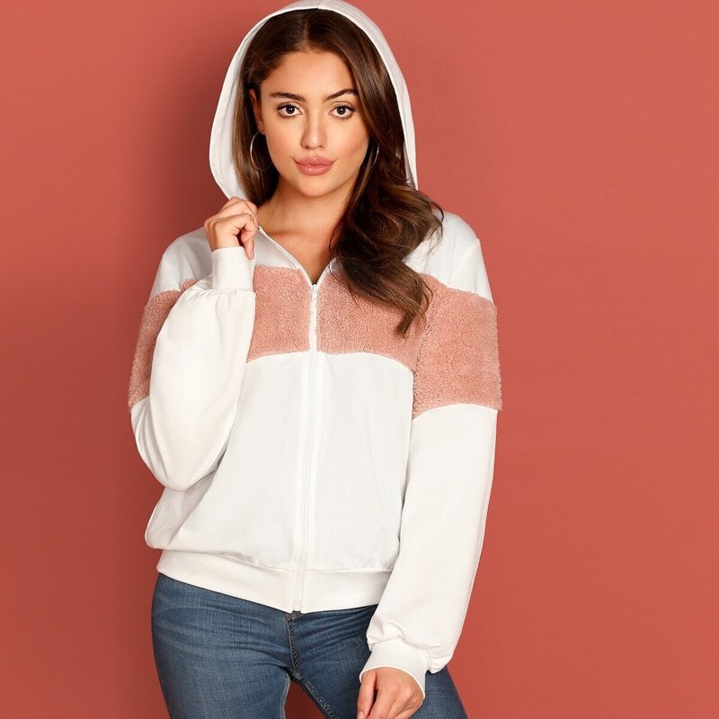 

Zip Up Contrast Faux Fur Hoodie, White