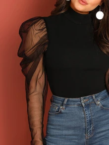 SHEIN Privé Mesh Puff Sleeve Mock Neck Top