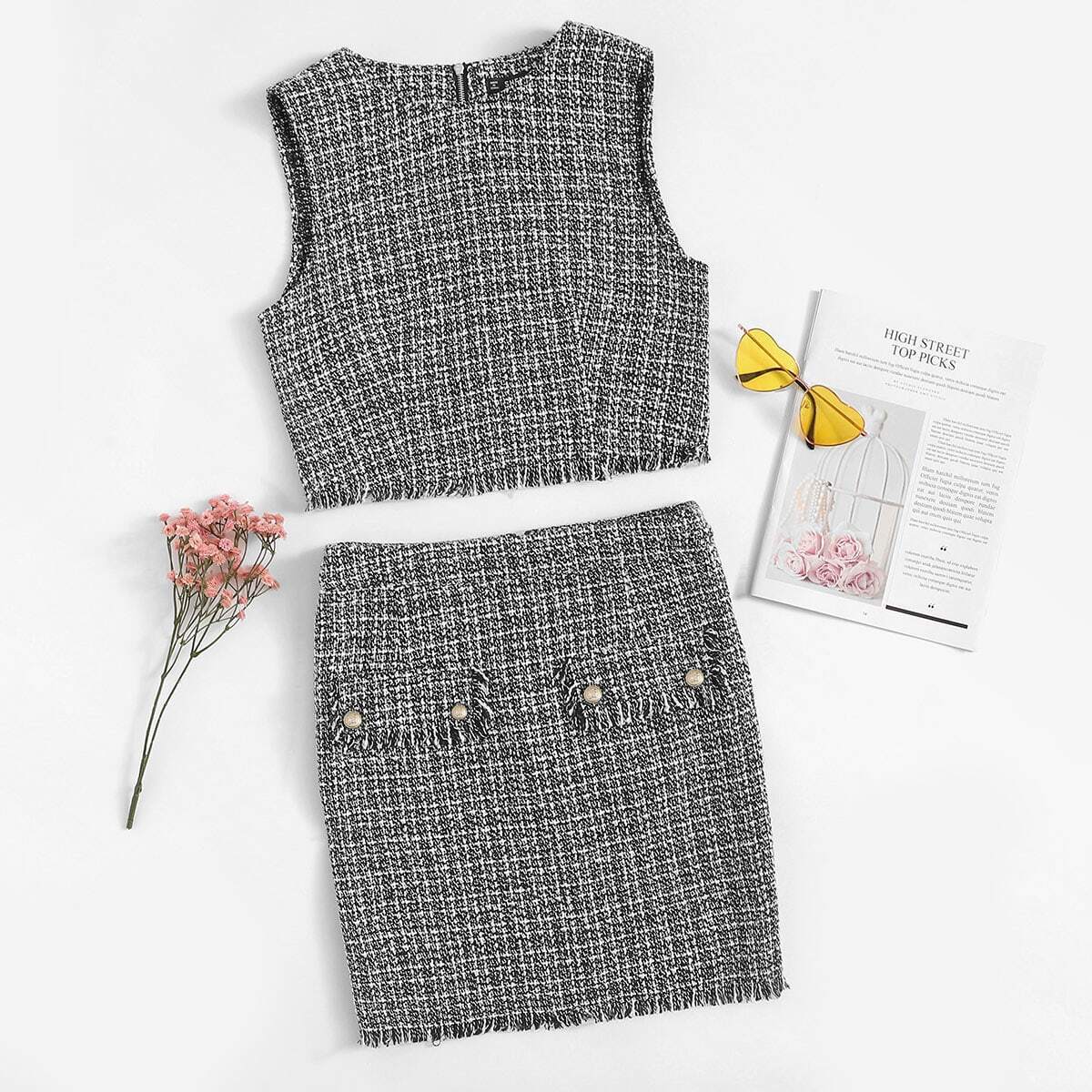 Frayed Hem Tweed Shell Top & Pearl Beaded Skirt Set