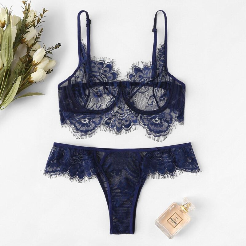 

Eyelash Lace Lingerie Set, Navy