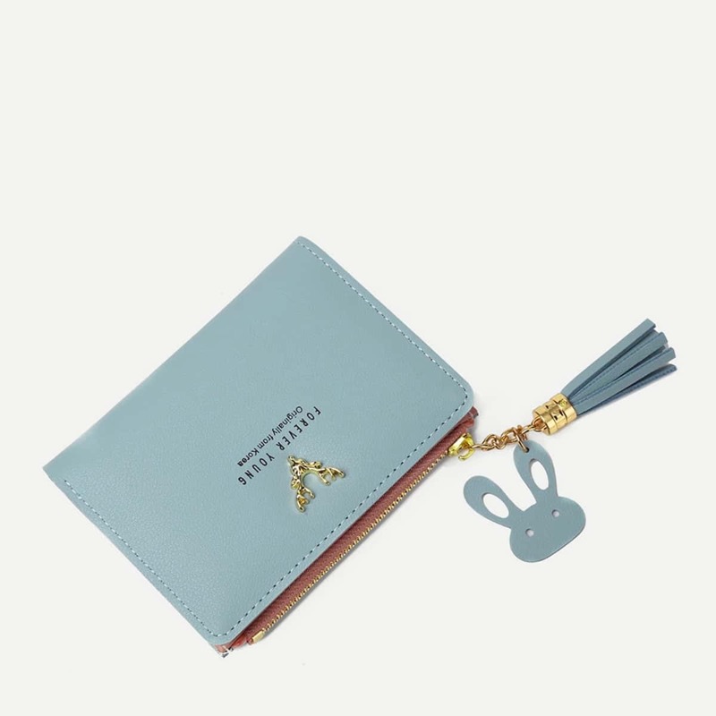 Slogan Print Tassel Decor Wallet, Dusty blue