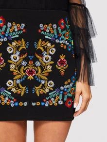 SHEIN VCAY Botanical Embroidered High-Rise Mini Skirt